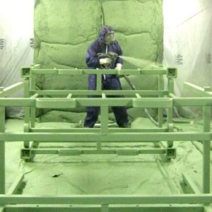 Stillage being sprayed with LINE-X coating