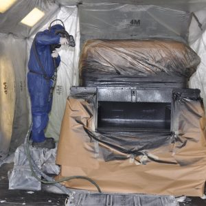 Land Rover being sprayed with LINE-X coating